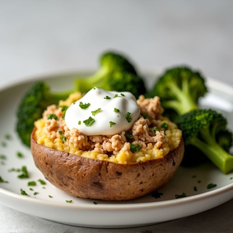 Fluffy Baked Potatoes with Lean Ground Turkey, Roasted Broccoli, and Creamy Greek Yogurt