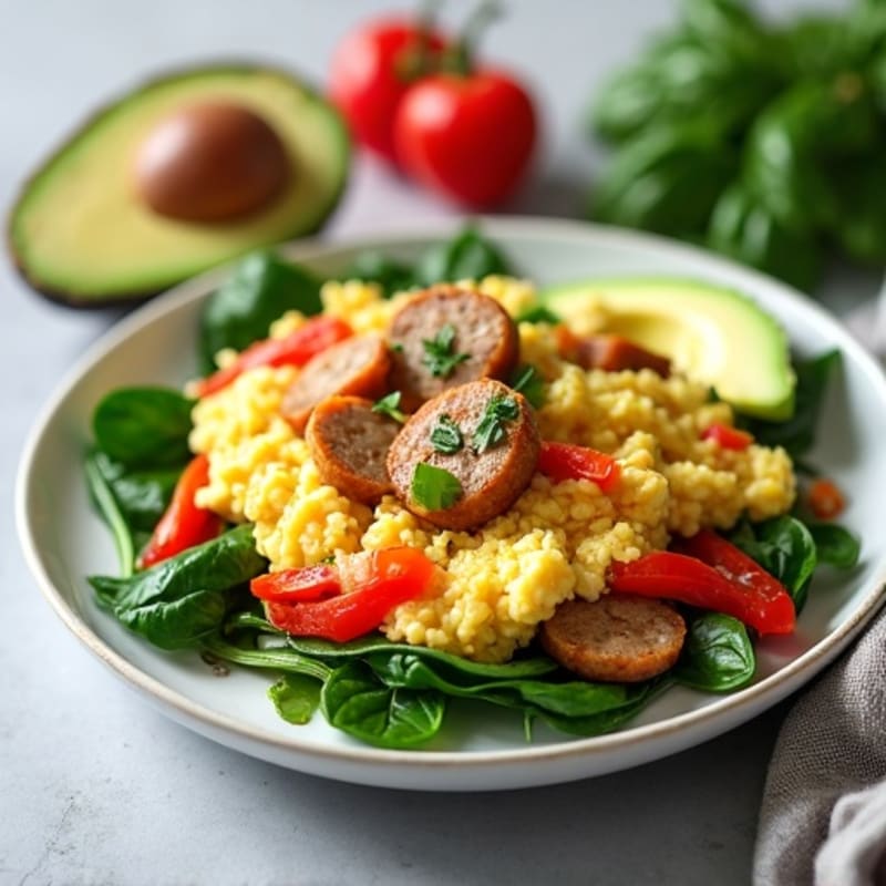 Egg White Spinach Scramble with Turkey Sausage and Sautéed Peppers