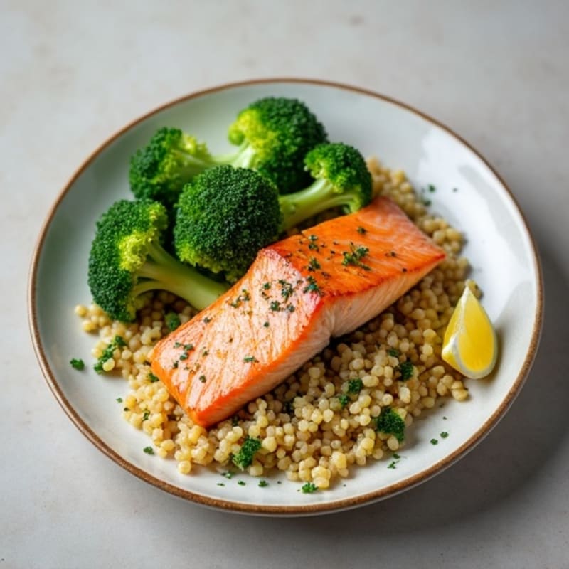 Seared Salmon with Steamed Broccoli and Herbed Quinoa