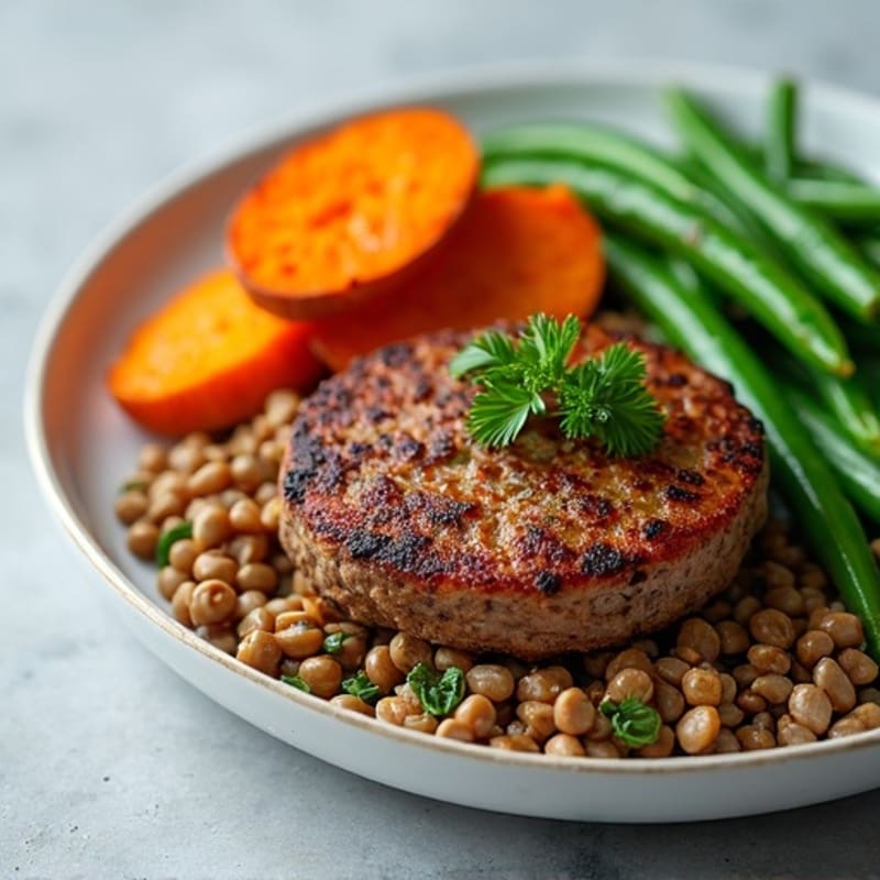 Lean Ground Beef and Crispy Roasted Sweet Potatoes with Green Beans