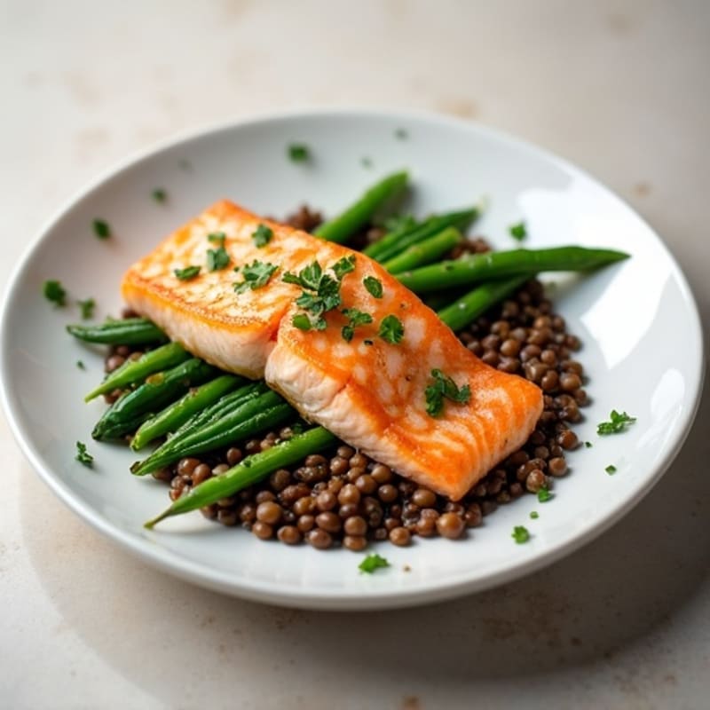 Seared Salmon with Steamed Green Beans and Lentils