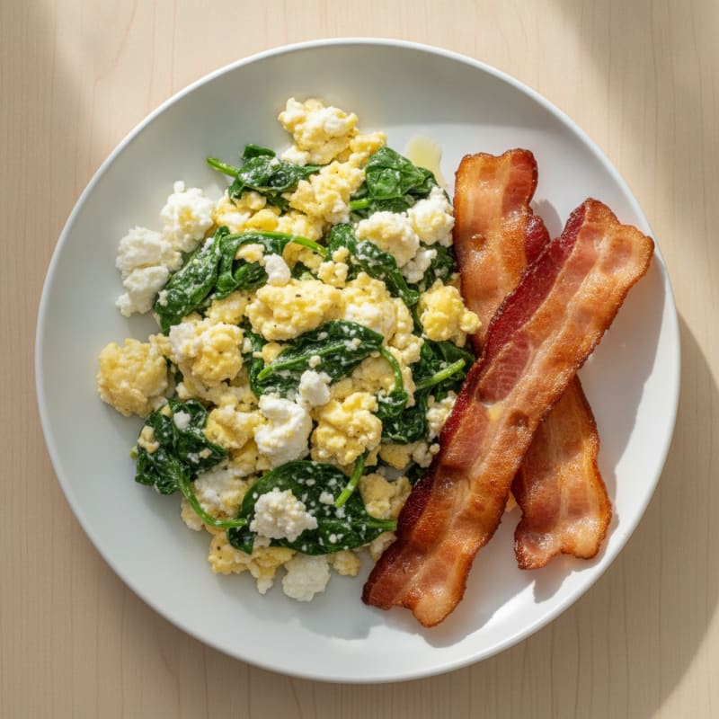 Cottage Cheese Scramble with Spinach and Turkey Bacon