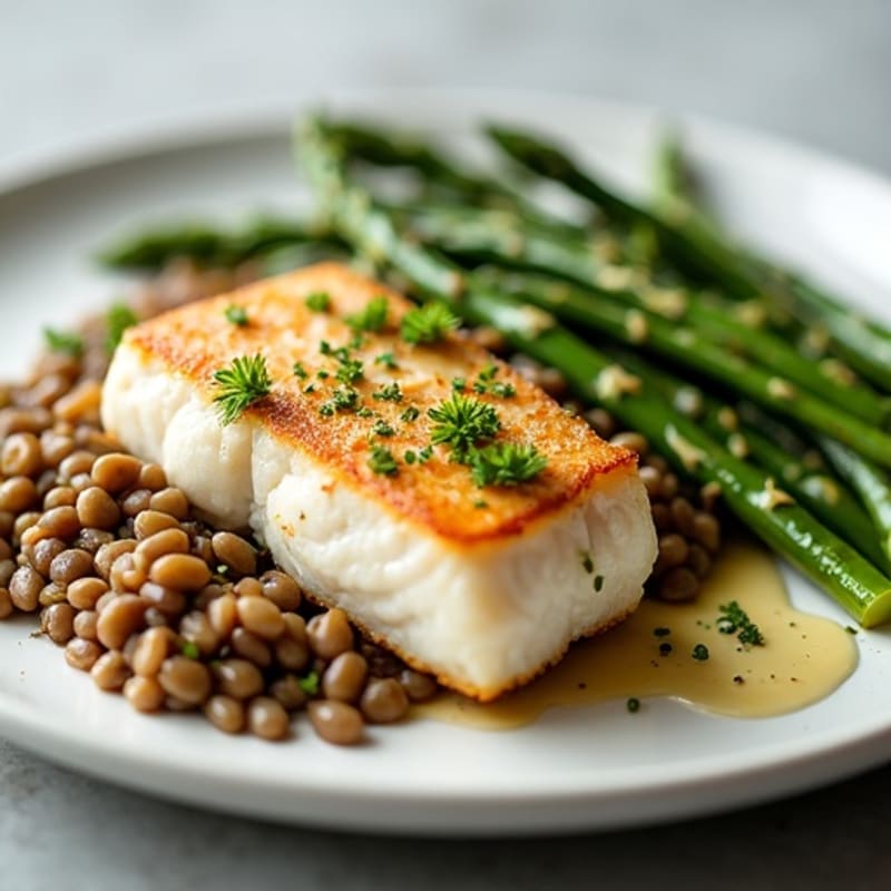 Seared Cod with Steamed Asparagus and Lentil Salad