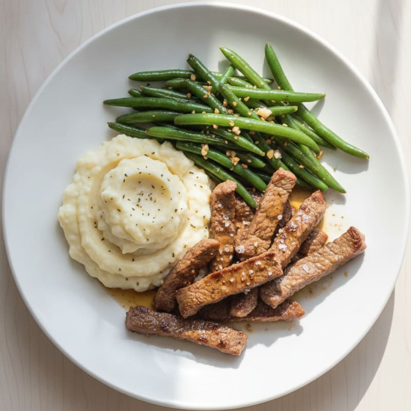 Seared Lean Beef Strips with Garlic Green Beans and Mashed Cauliflower
