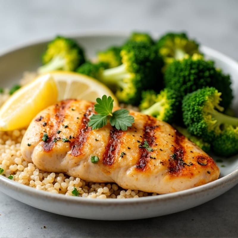 Grilled Lemon-Garlic Chicken Breast with Quinoa and Roasted Broccoli