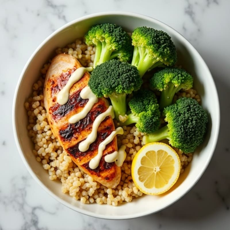 Grilled Chicken and Broccoli Quinoa Bowl with Lemon Tahini Drizzle