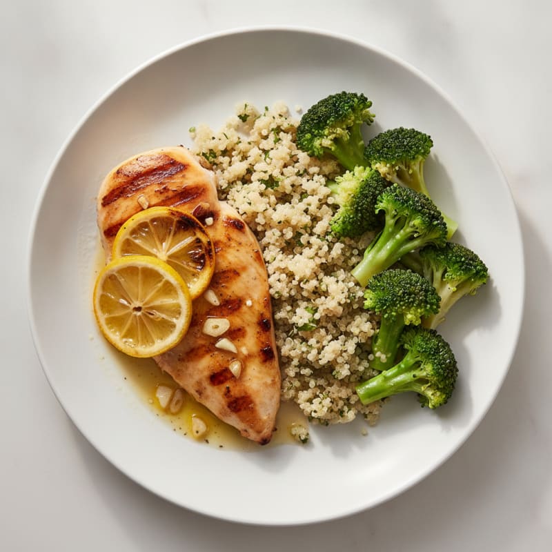 Grilled Lemon Garlic Chicken Breast with Steamed Broccoli and Quinoa