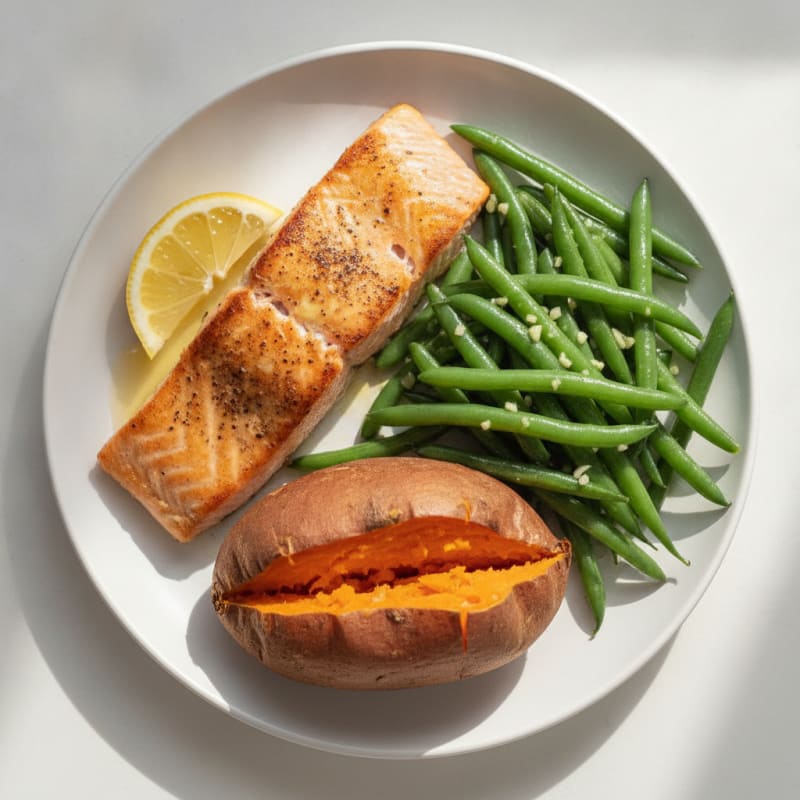 Seared Salmon Fillet with Garlic Green Beans and Baked Sweet Potato