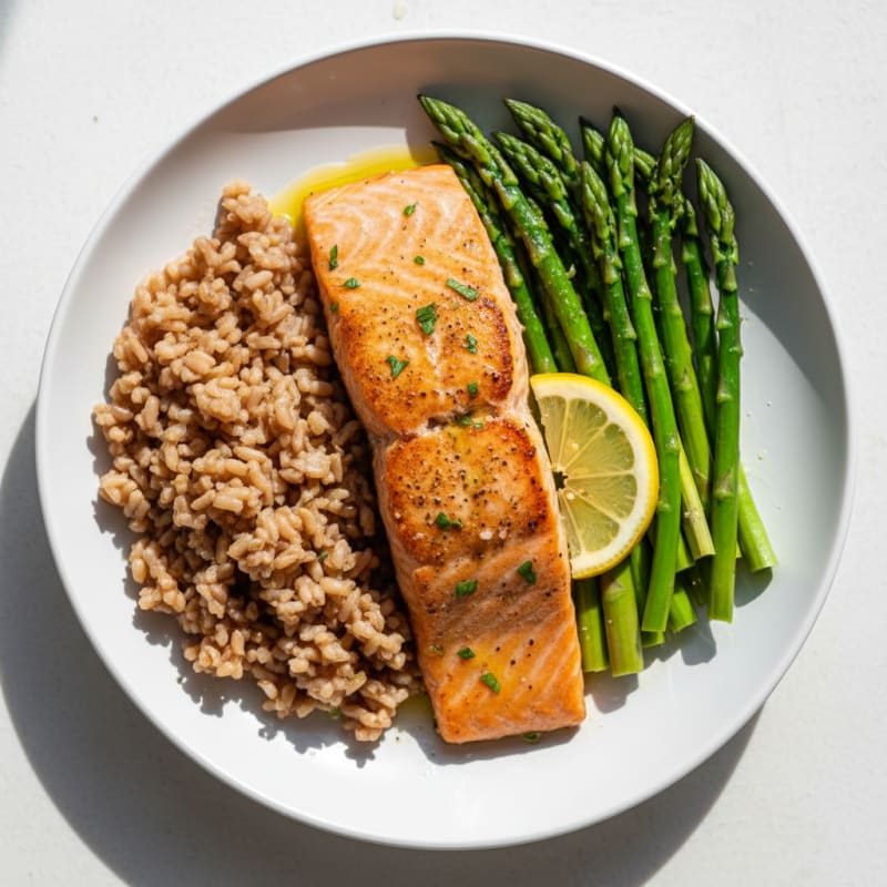 Seared Salmon with Steamed Asparagus and Brown Rice