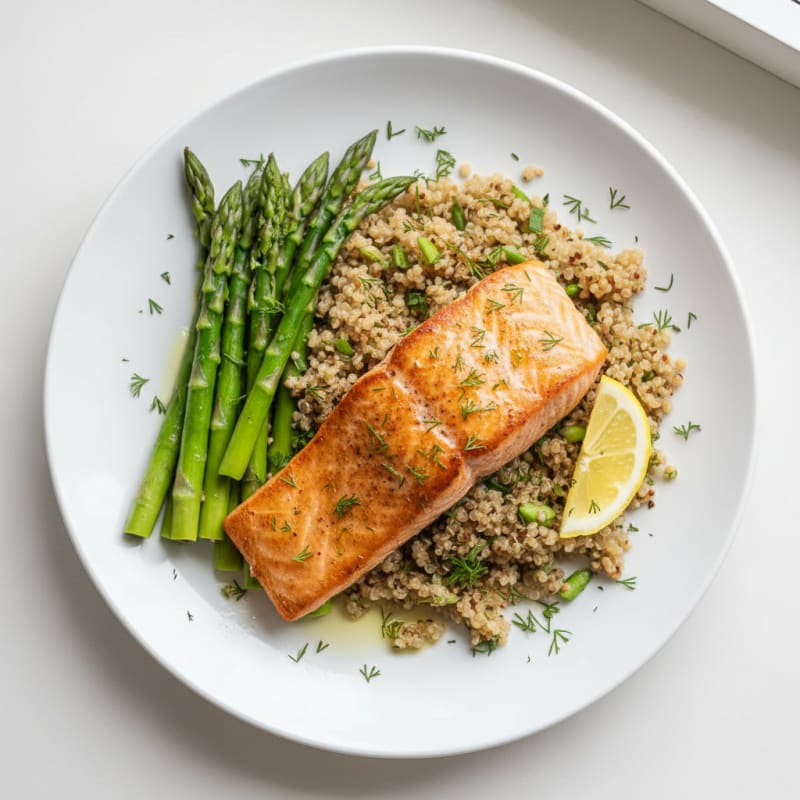 Pan-Seared Salmon with Steamed Asparagus and Herbed Quinoa