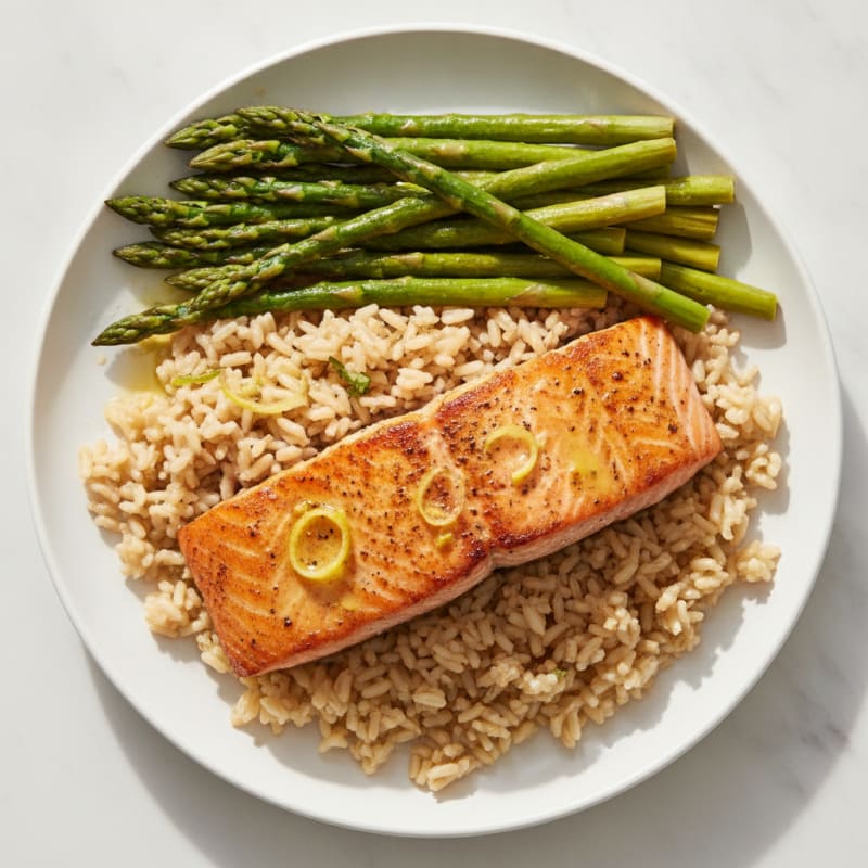 Seared Salmon with Steamed Asparagus and Brown Rice