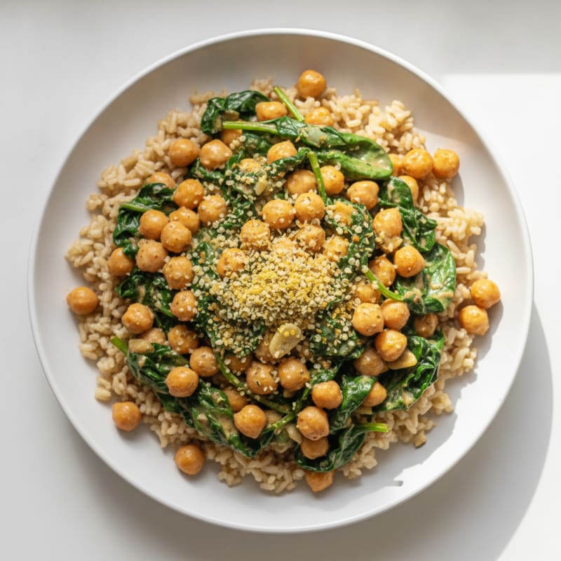 Creamy Chickpea and Spinach Stir-Fry with Brown Rice