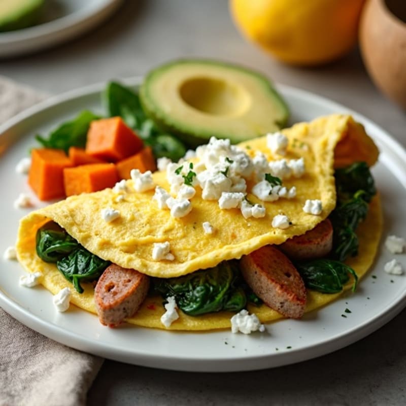 Egg White Omelette with Turkey Sausage and Sautéed Spinach