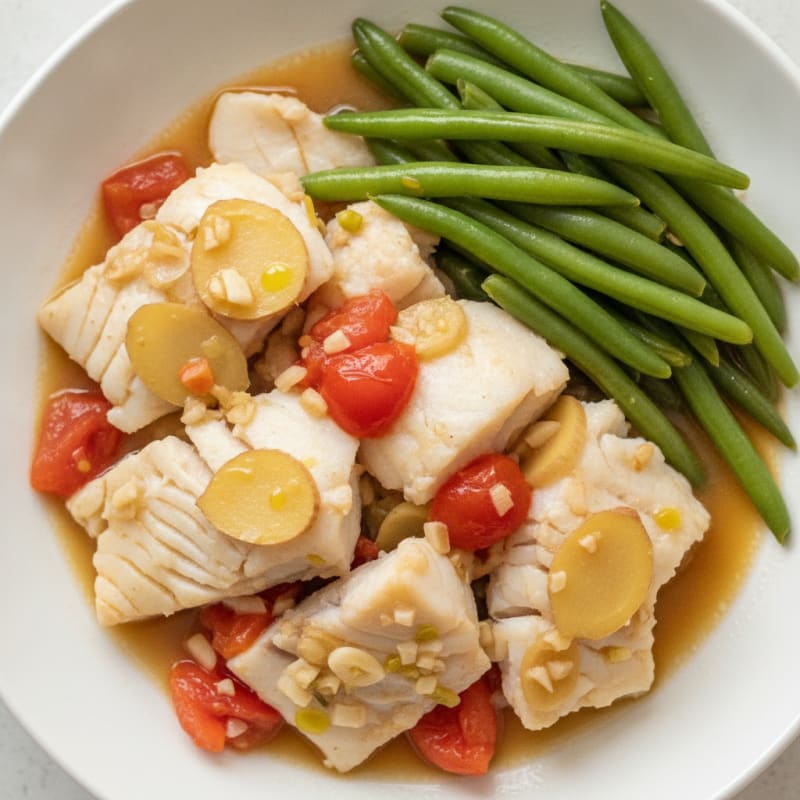 Ginger Poached Fish with Steamed Green Beans