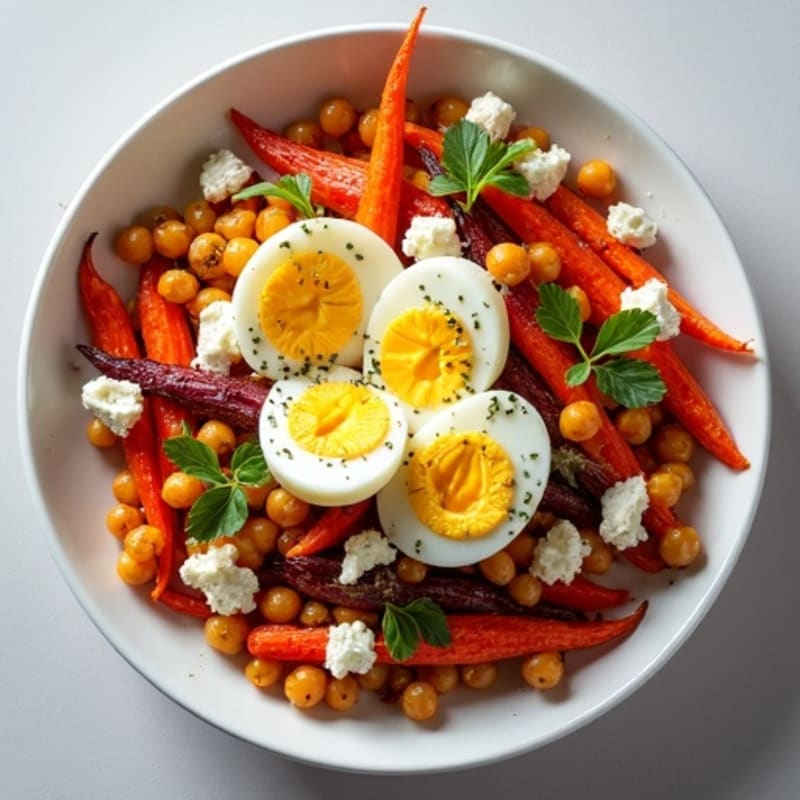 Honey-Maple Roasted Rainbow Carrots with Chickpeas, Eggs & Feta