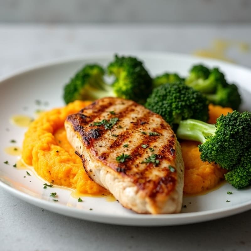 Grilled Chicken Breast with Roasted Broccoli and Sweet Potato Mash
