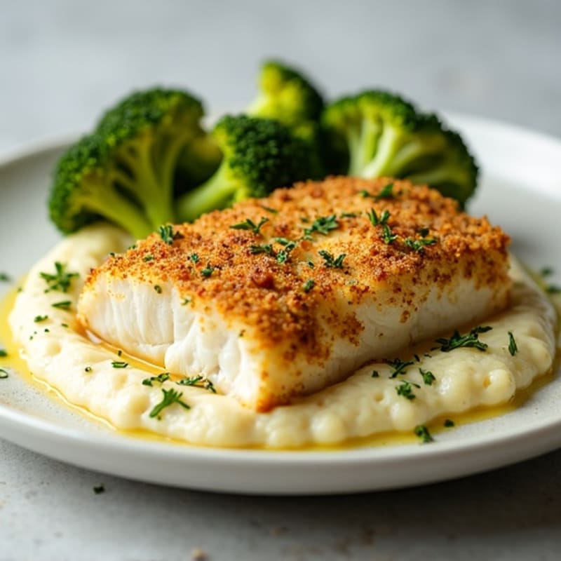 Baked Herb-Crusted Cod with Roasted Broccoli and Cauliflower Mash