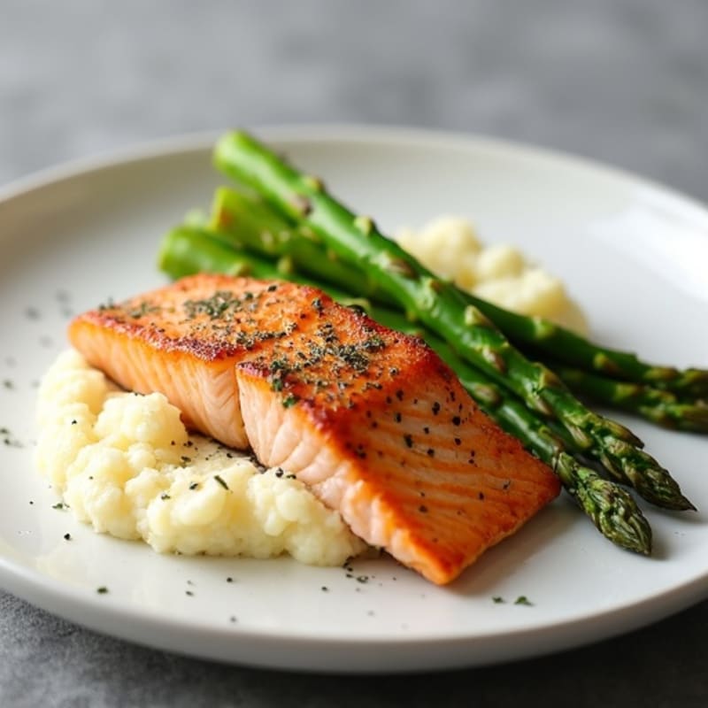 Seared Salmon with Steamed Asparagus and Cauliflower Mash