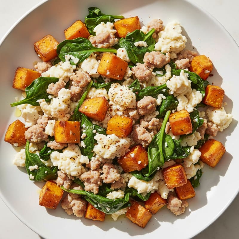 Egg White and Turkey Sausage Scramble with Spinach and Roasted Sweet Potato