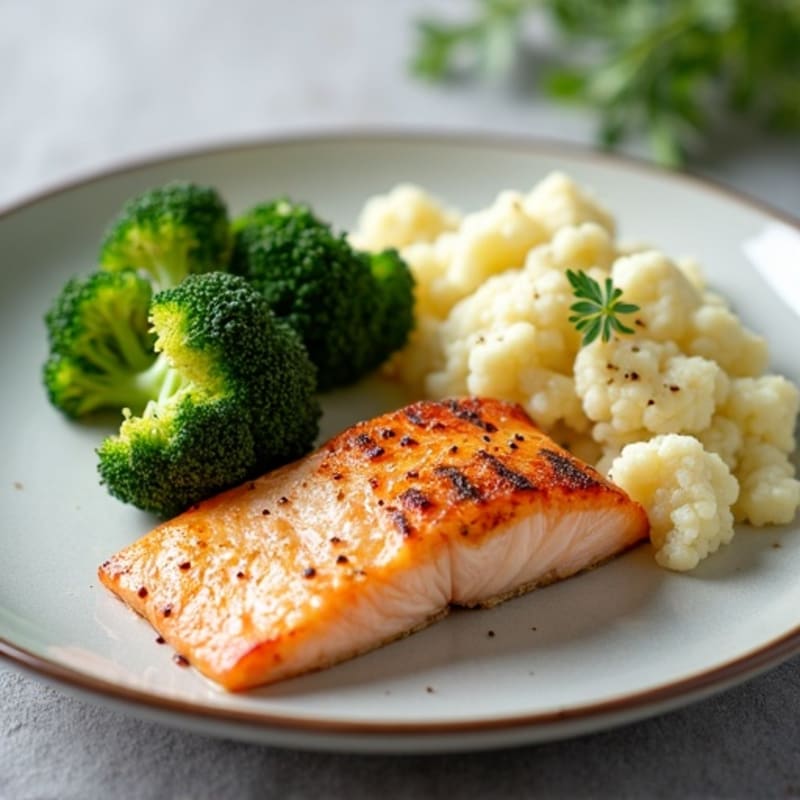 Pan-Seared Salmon with Roasted Broccoli and Garlic Mashed Cauliflower