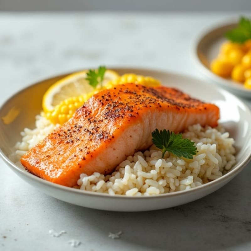 Seared Salmon with Steamed Rice and Corn