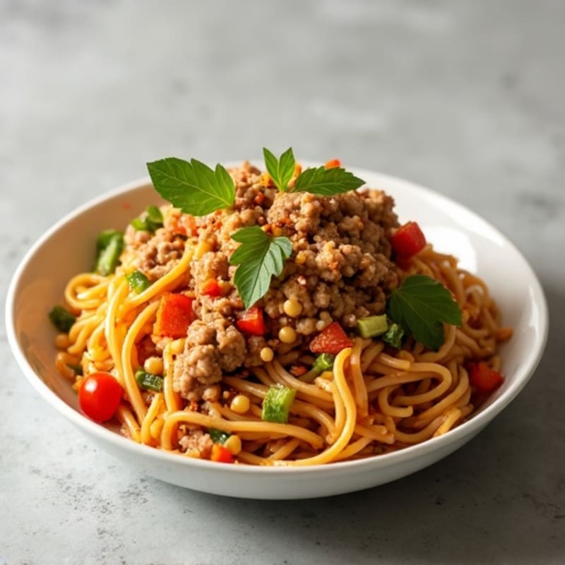 Spicy Ground Pork Noodles with Creamy Peanut Sauce