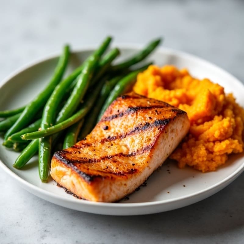 Seared Salmon Fillet with Steamed Green Beans and Sweet Potato Mash