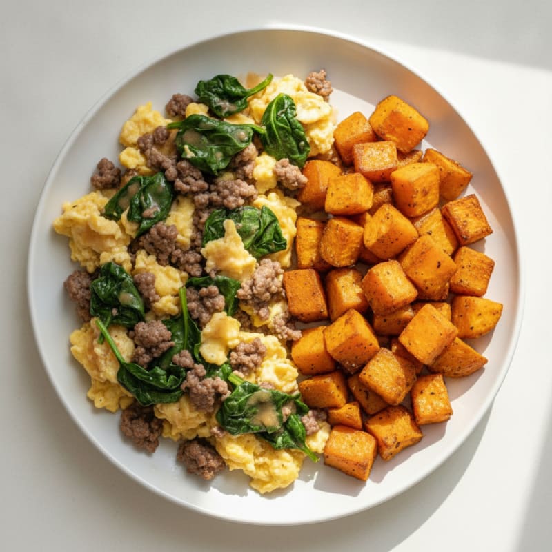 Beef and Spinach Egg Scramble with Roasted Sweet Potatoes