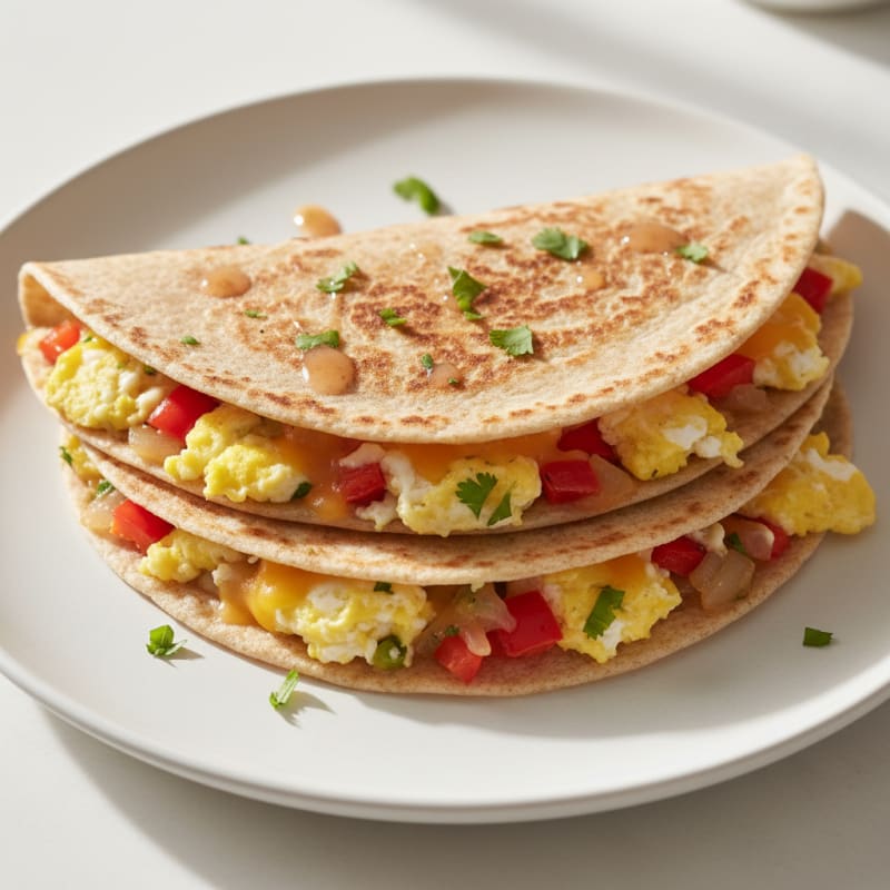 Egg and Cheese Breakfast Quesadilla with Peppers and Onions