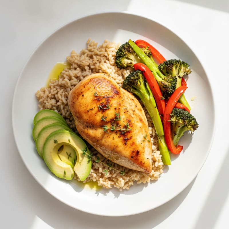 Herb-Roasted Chicken Breast with Brown Rice and Roasted Vegetables