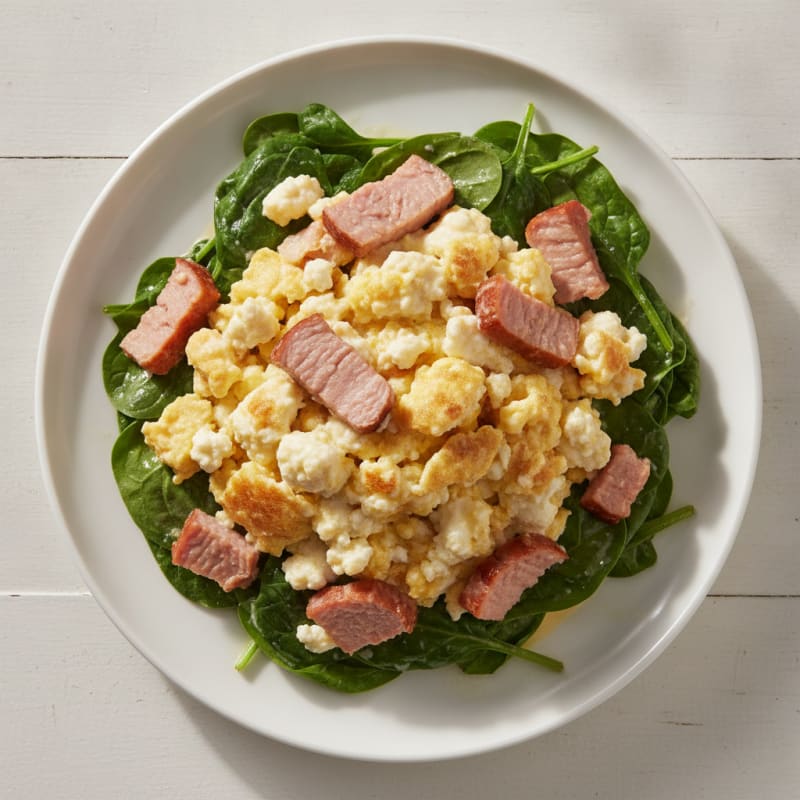 Cottage Cheese Scramble with Smoked Turkey and Sautéed Spinach