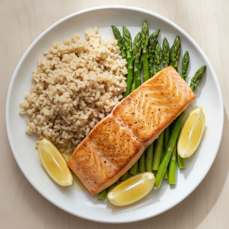 Seared Salmon with Steamed Asparagus and Brown Rice