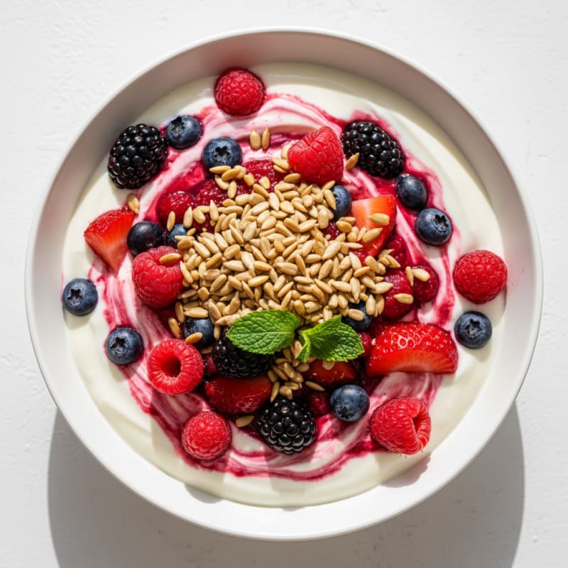 Greek Yogurt Protein Parfait with Mixed Berries and Sunflower Seeds