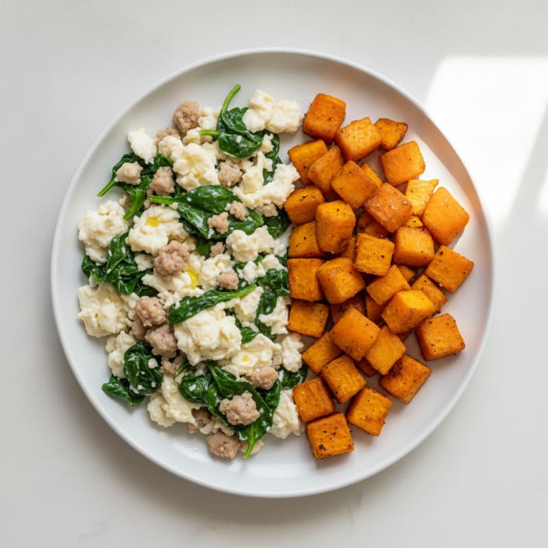 Egg White and Turkey Sausage Scramble with Spinach and Roasted Sweet Potato