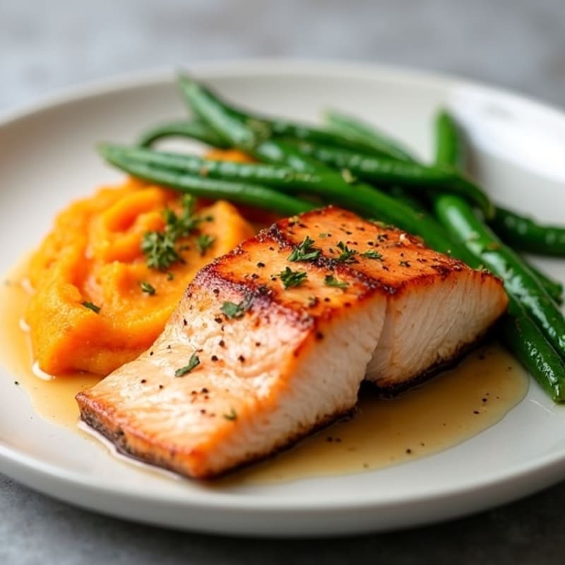 Seared Salmon with Garlic Green Beans and Sweet Potato Mash