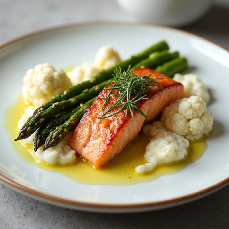 Seared Salmon with Roasted Asparagus and Cauliflower Mash