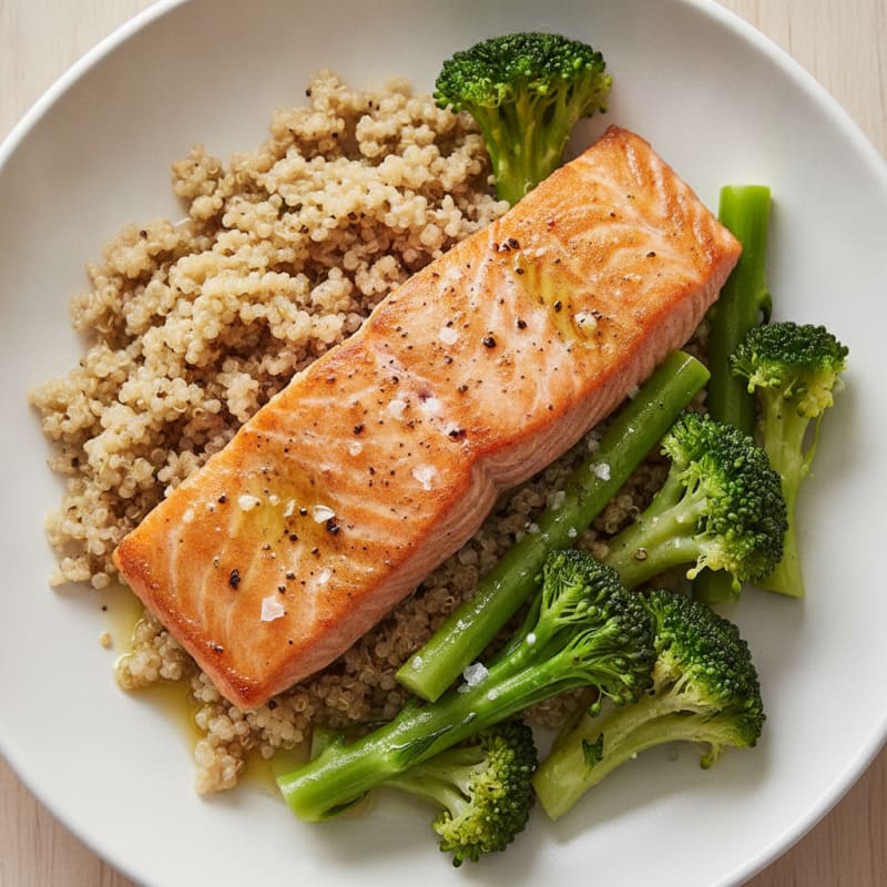 Seared Salmon with Steamed Broccoli and Quinoa