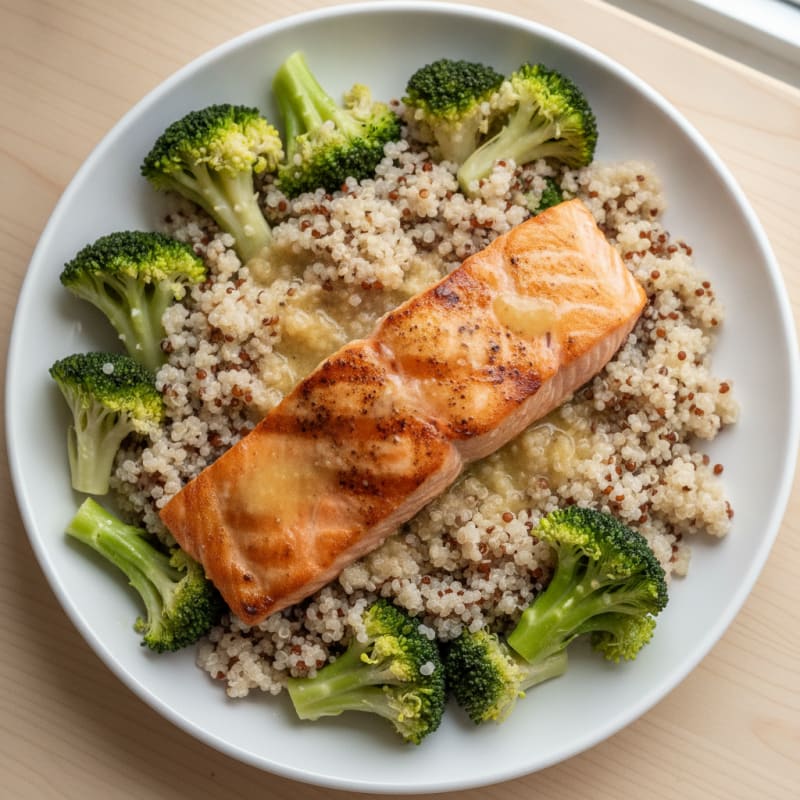 Seared Salmon with Steamed Broccoli and Quinoa