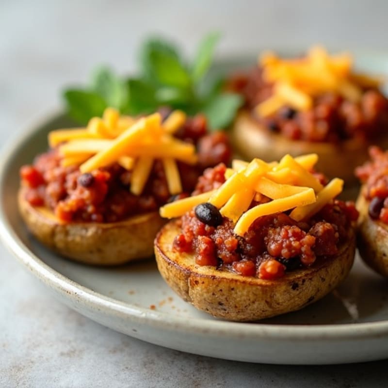 Crispy Roasted Potato Skins with Lean Turkey Chili and Sharp Cheddar