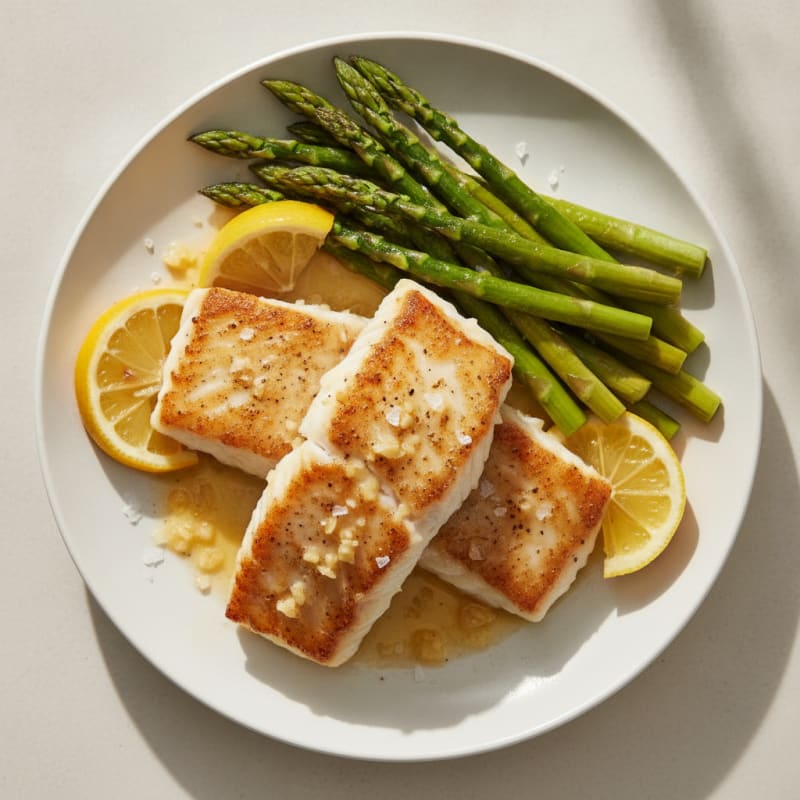 Seared Cod with Steamed Asparagus and Lemon