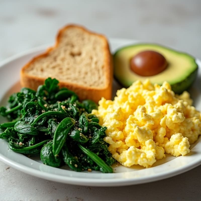 Scrambled Eggs with Cottage Cheese and Sautéed Spinach