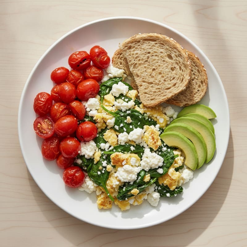 Cottage Cheese Egg Scramble with Sautéed Spinach and Cherry Tomatoes