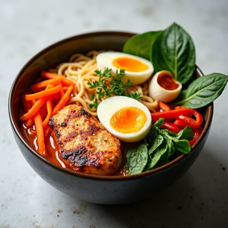 Spicy Sriracha Chicken Ramen with Fresh Vegetables