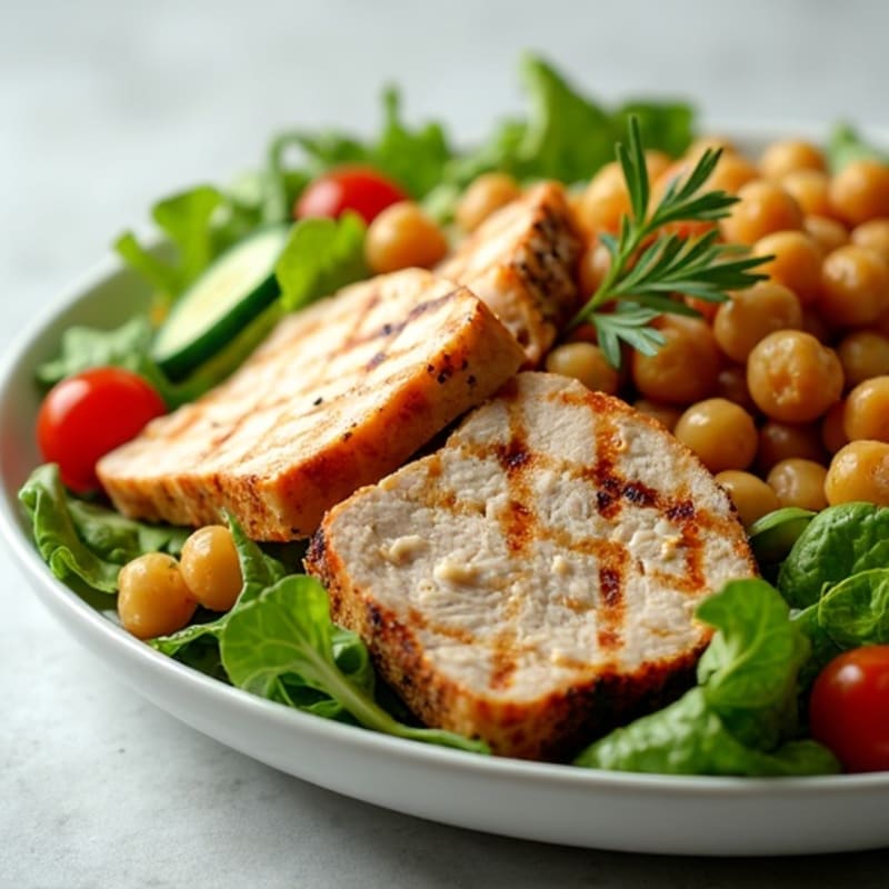 Grilled Turkey Breast Salad with Roasted Chickpeas and Mixed Greens