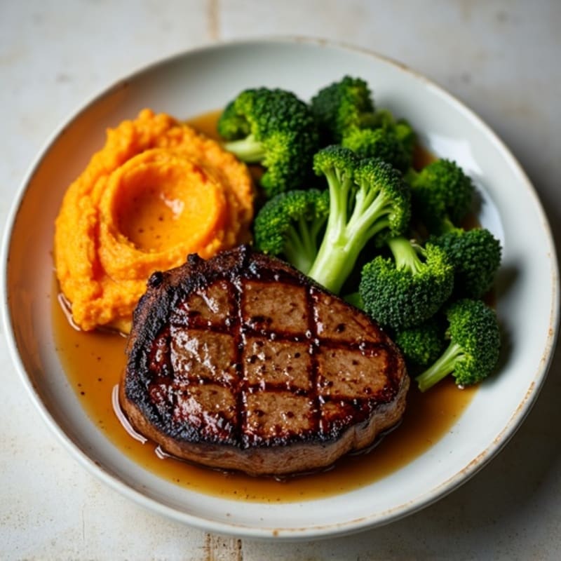 Seared Steak with Roasted Broccoli and Sweet Potato Mash