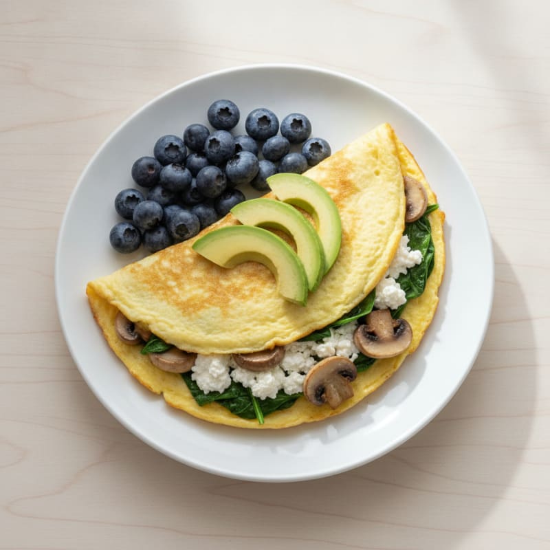 Egg White Spinach Omelette with Cottage Cheese and Sautéed Mushrooms