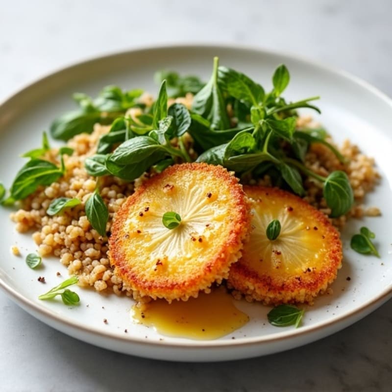 Crispy Pan-Seared Halloumi with Lemony Quinoa and Fresh Greens