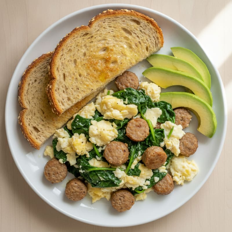 Egg White and Spinach Scramble with Turkey Sausage