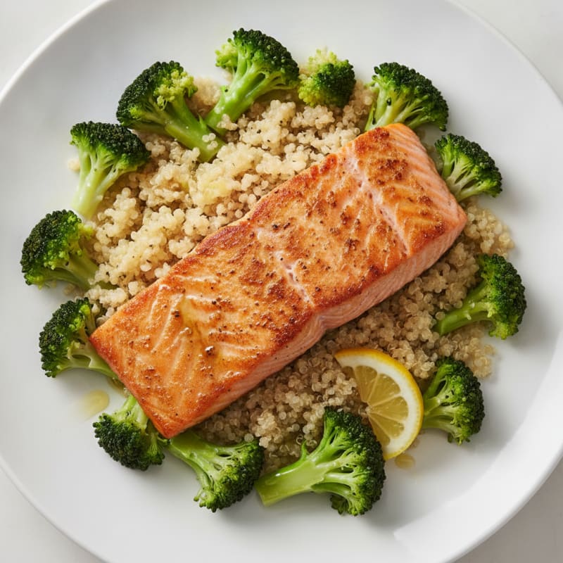 Seared Salmon Fillet with Steamed Broccoli and Quinoa