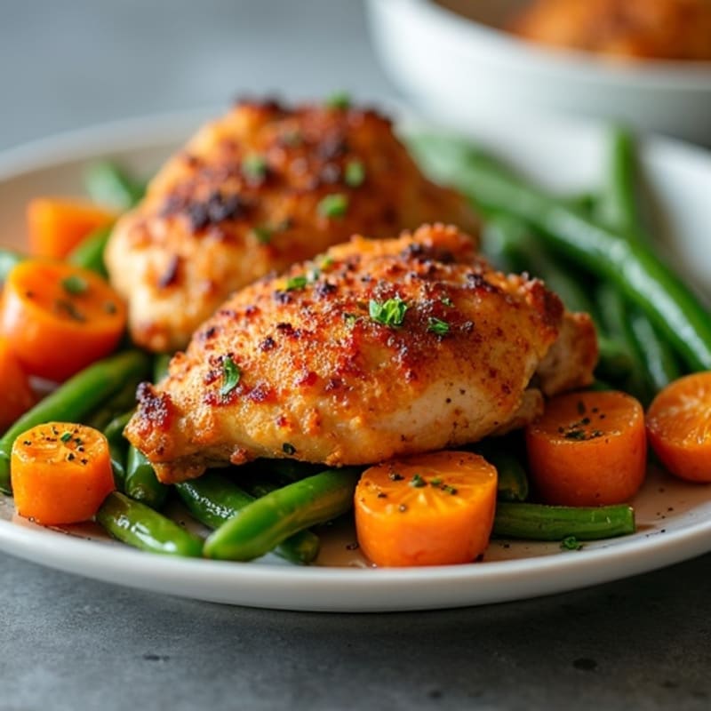 Crispy Baked Chicken Thighs with Roasted Sweet Potatoes and Green Beans